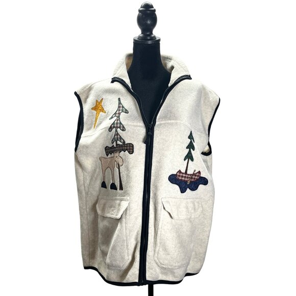 The Briar patch Country Apparel large Cream Fleece Zip Up Embroidery Moose Tree - Picture 1 of 11